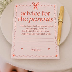 Conseils pour la carte des parents | Bonjour petit amour | Modèle de toile modifiable | Thème rose et rouge avec noeuds et coeurs | Téléchargement instantané