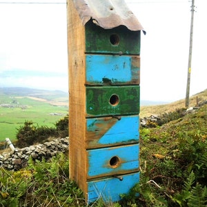 Handmade Rustic Bird Nesting Box, garden decor recliamed wood,weathered,rusty metal,drift wood,colony house,tall,pallet,turquoise,green,blue