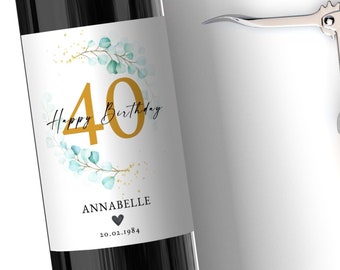 Personalized Wine Bottle Label 40 Happy Birthday Birthday | Birthday gift girlfriend boyfriend wife husband wine label 30 50th