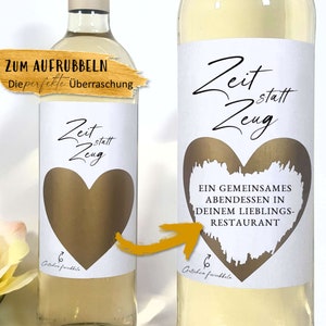 Rubbellos | Zeit statt Zeug || Personalisiertes Wein Flaschen Etikett | Weinetikett Weihnachten Geburtstag Valentinstag Geschenk Gutschein