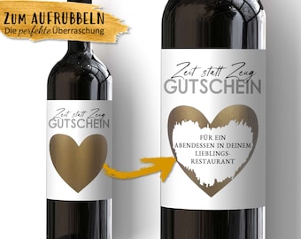 Rubbellos | Zeit statt Zeug Gutschein | Personalisiertes Wein Flaschen Etikett | Weinetikett Weihnachten Geburtstag Valentinstag Geschenk