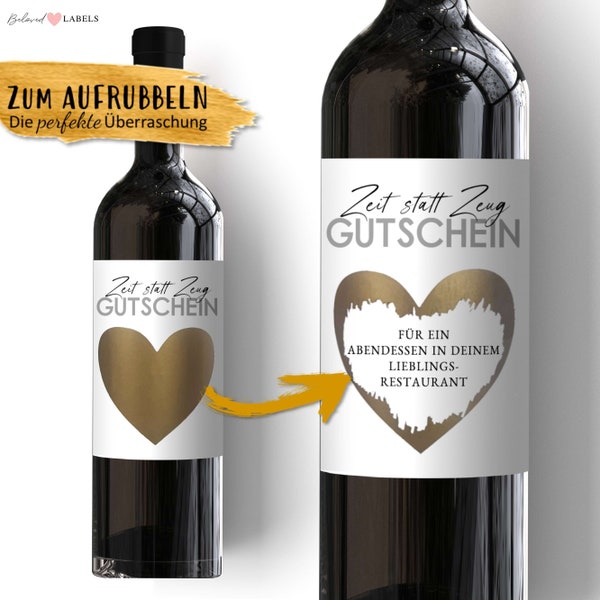 Rubbellos | Zeit statt Zeug Gutschein | Personalisiertes Wein Flaschen Etikett | Weinetikett Weihnachten Geburtstag Valentinstag Geschenk