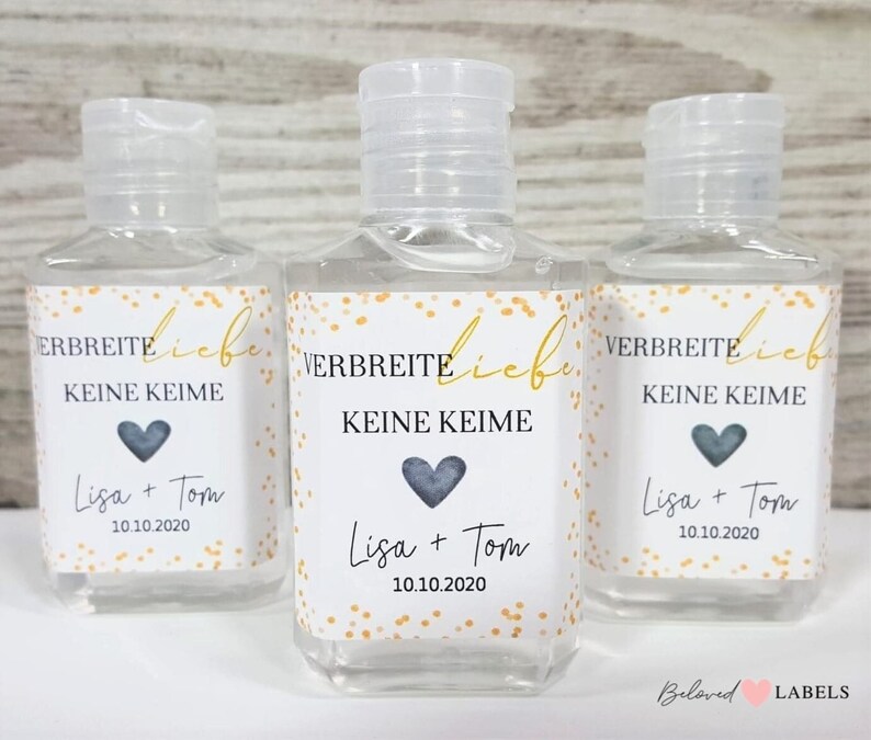 Personalisierte Hand Desinfektionsmittel Etiketten Aufkleber Hochzeit Gastgeschenk Corona Covid Verteile Liebe keine Keime Seife Golden Glitter