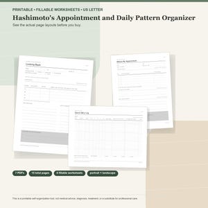 May include: A set of printable, fillable US Letter worksheets titled Hashimoto's Appointment and Daily Pattern Organizer. The documents include sections for Looking Back, Before My Appointment, and a Quick Daily Log, featuring white pages with black text and gray accents.