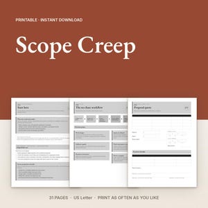 May include: A digital workbook titled Scope Creep featuring three white pages with black text and gray headers. The pages include sections labeled Start here, The no-chase workflow, and Proposal quote with tables, checklists, and process flow diagrams.