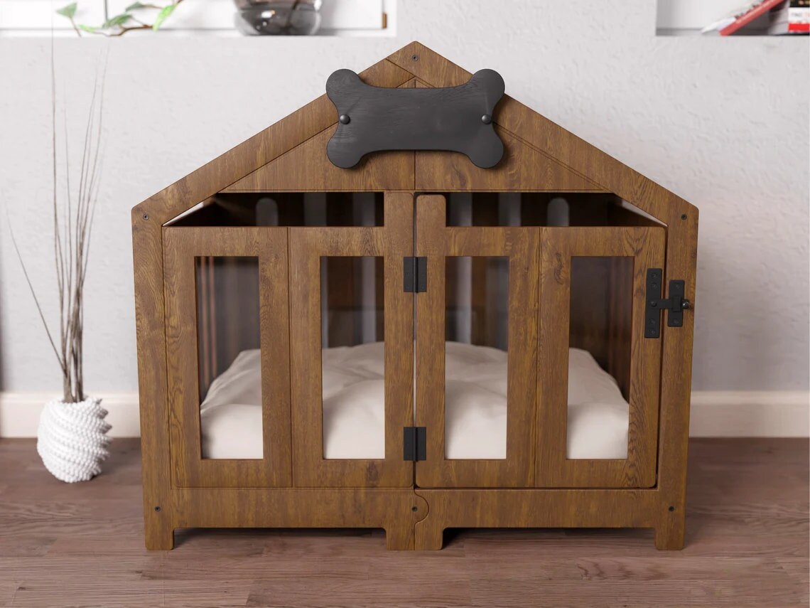 Walnut & Ivory - Gabled Modern Dog Crate, Dog Bed, Dog Crate, Dog Kennel, Wood Dog House, Pet House, Pet Furniture, Dog Furniture