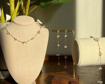 Dainty Rose Quartz & Rose Gold Jewelry Set – Necklace/Bracelet/Earrings