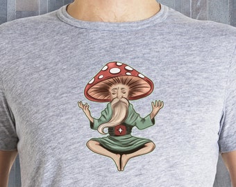 MEDITATING T-SHIRT - Mushroom Man Meditating, Goblincore Clothing, Cottage Core Shirt, Shroom Tee, Yoga T-Shirt, Meditating, Beard T-Shirt