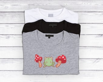 KAWAII FROG TEE - Goblincore Shirt, Cute Mushroom Tshirt, Unisex Cotton Shirt, Vegan Tee, Funny Frog Shirt, Cottage Core Tee, Frog Lover Tee