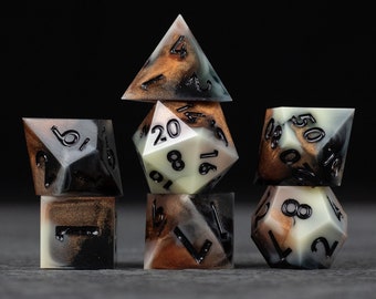 Dwarven Delight - Sharp Edge Resin Dice for D&D / Copper and Cream Marbled Dungeons and Dragons Dice