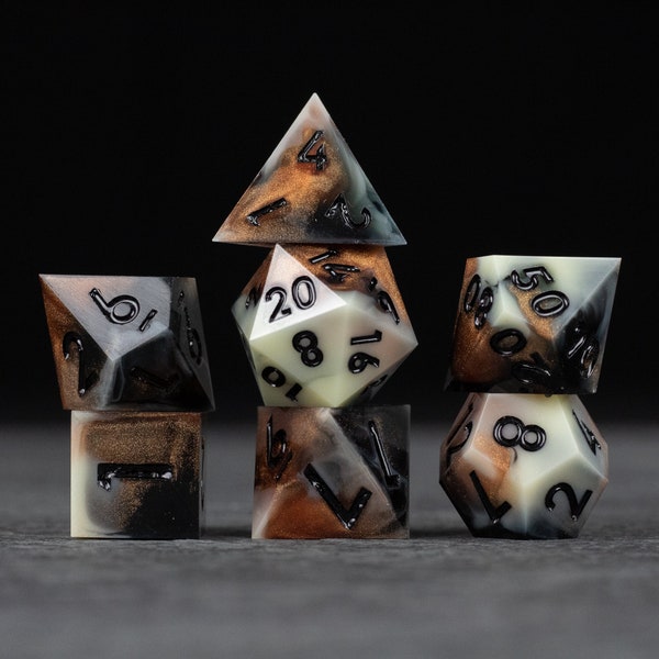 Dwarven Delight - Sharp Edge Resin Dice for D&D / Copper and Cream Marbled Dungeons and Dragons Dice