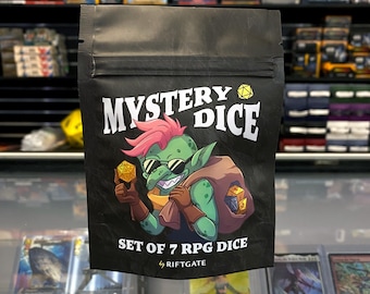 May include: Black bag labeled "MYSTERY DICE" with a cartoon goblin wearing sunglasses and holding a die. The bag also says "SET OF 7 RPG DICE" and "RIFTGATE". The background shows shelves of various items.