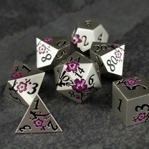 Flower Tree Metal Dice Set for DnD - Metallic Dice with flower and branch patterns - D&D Dice for Dungeons and Dragons, Pathfinder, TTRPGs