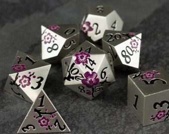 Flower Tree Metal Dice Set for DnD - Metallic Dice with flower and branch patterns - D&D Dice for Dungeons and Dragons, Pathfinder, TTRPGs