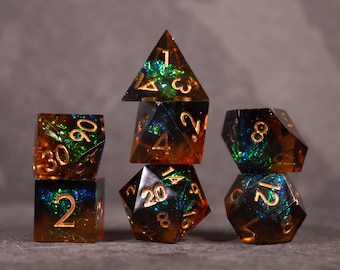 Whiskeyjack Dice Set / Brown Opalescent Sharp Edge Resin Dice for D&D