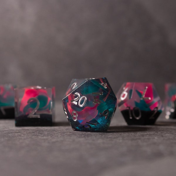 Pink and Green Flame Dice Set / Sharp Edge Resin Dice for D&D