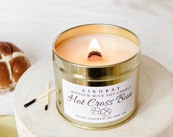 Hot cross bun soy candle | Wooden wick gold tin soy candle | Easter candle gift | Hand-poured in the uk