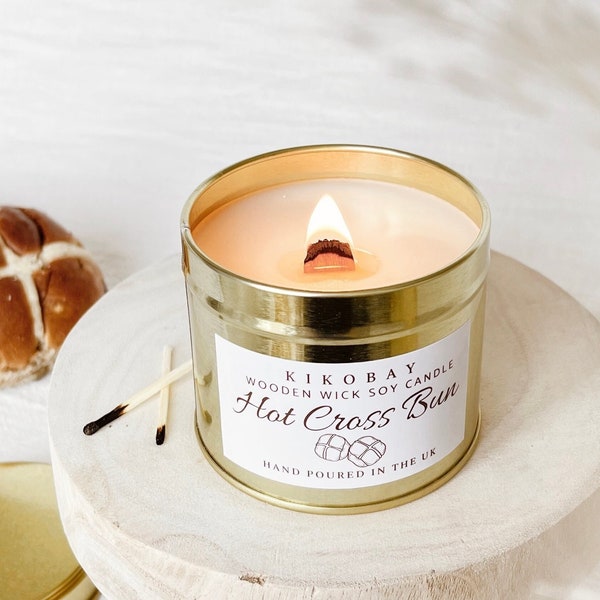 Hot cross bun soy candle | Wooden wick gold tin soy candle | Easter candle gift | Hand-poured in the uk