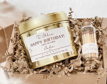 Personalised Birthday Candle Gift Set | Gift for friend | Handmade wood wick scented soy tin candle gift box