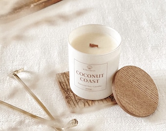 Coconut Soy Wax Candle | Wood Wick Candle With Wooden Lid | Candle Gift Handmade in the UK