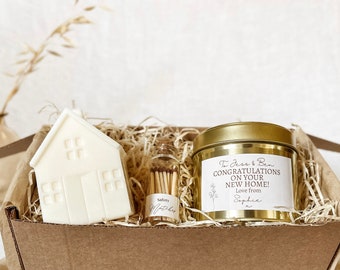 Housewarming New Home Gift Set, Custom Soy Candle Wooden Wick Gold Tin