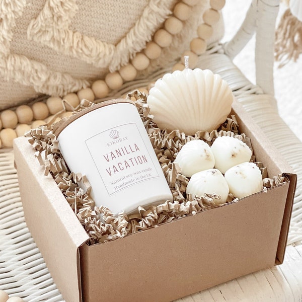 Vanilla soy candle gift set, Natural soy wax seashell candles & wax melts, Wooden wick candle birthday gift Handmade in the UK