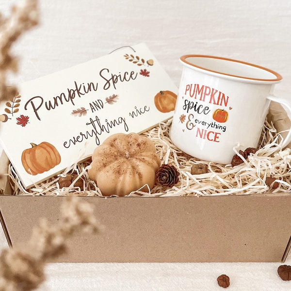 Pumpkin Spice Gift Set | Pumpkin Spice Mug with Pumpkin Candle & Wooden sign | Halloween Decorations | Halloween Gifts