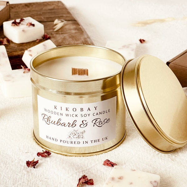 Rhubarb & Rose Soy Candle Gift Set | Tin Candles Handmade in the UK | Wooden Wick Gold Tin Candle