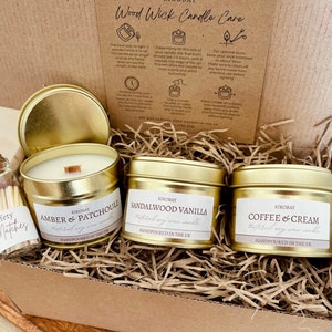 Soy Candle Gift Set | Wooden Wick Candle Gift Box | Homemade Candles | Sandalwood Vanilla Coffee Amber & Patchouli