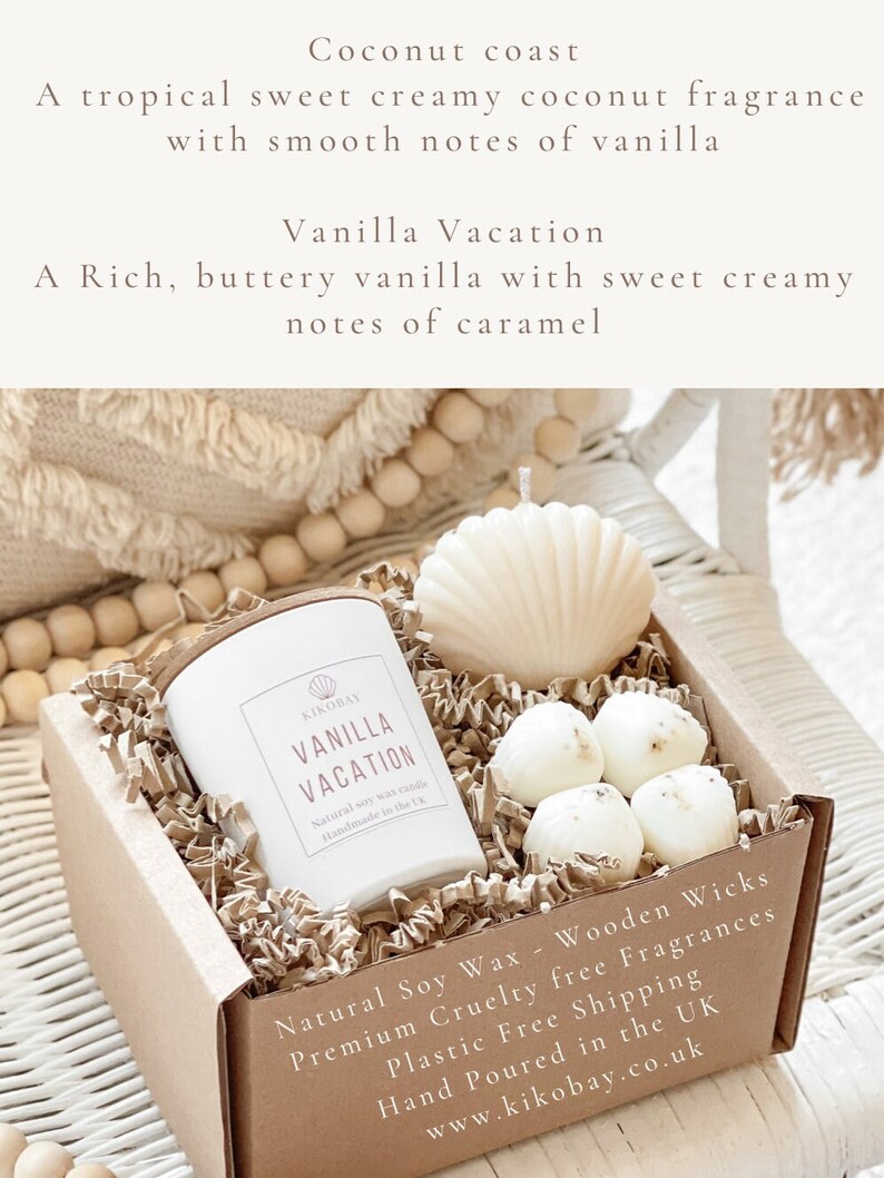 May include: A brown cardboard box with a white candle inside. The candle is labeled "Vanilla Vacation" and is surrounded by white wax melts. The box has text that reads "Natural Soy Wax - Wooden Wicks, Premium Cruelty Free Fragrances, Plastic Free Shipping, Hand Poured in the UK, www.kikobay.co.uk".