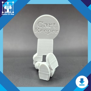 Puede incluir: Un guardacarro en pl&aacute;stico blanco con las palabras "Cart Keeper" en relieve en la parte superior. El guardacarro tiene una serie de crestas en el lateral y un gancho en la parte inferior.