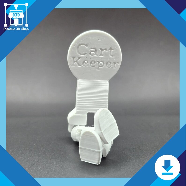 Puede incluir: Un guardacarro en pl&aacute;stico blanco con las palabras "Cart Keeper" en relieve en la parte superior. El guardacarro tiene una serie de crestas en el lateral y un gancho en la parte inferior.