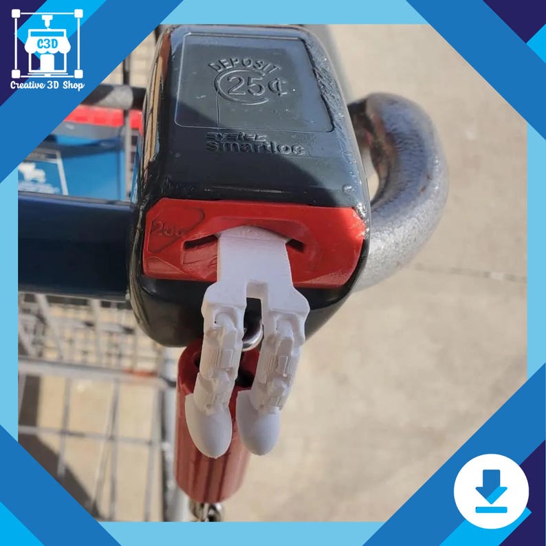 Puede incluir: Una cerradura de carrito de compras impresa en 3D de color blanco con un mecanismo de cerradura de carrito de compras de color rojo y negro. El mecanismo de cerradura tiene el texto "Deposit 25c Smartloc".