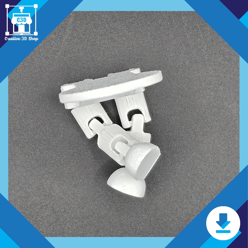 Puede incluir: Modelo de brazo rob&oacute;tico impreso en 3D en pl&aacute;stico blanco con una base redonda y m&uacute;ltiples articulaciones. El brazo est&aacute; en posici&oacute;n doblada, con la base orientada hacia arriba.