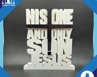 Archivo STL del Letrero de Su Único Hijo Jesús – Decoración cristiana impresa en 3D con cruz – Exhibición religiosa de mesa – Descarga digital STL