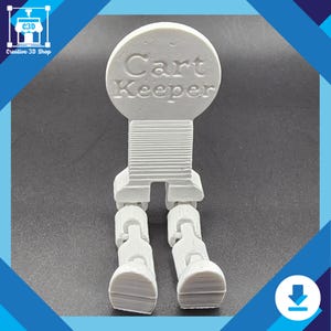 Puede incluir: Un guardacarros impreso en 3D blanco con las palabras "Cart Keeper" en la parte superior. El guardacarros tiene dos piernas y una cabeza redonda.