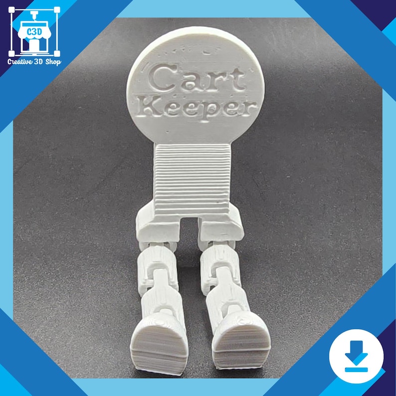 Puede incluir: Un guardacarros impreso en 3D blanco con las palabras "Cart Keeper" en la parte superior. El guardacarros tiene dos piernas y una cabeza redonda.