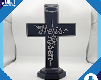 Archivo STL del símbolo de la cruz "Él ha resucitado" - Decoración cristiana impresa en 3D con halo y soporte - Exhibición religiosa de Pascua - Descarga digital STL