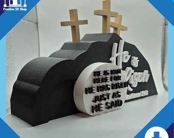 He Is Risen Sign STL File – Christian Easter Display with Tomb & Crosses – Matthew 28:6 Bible Quote – 3D Printed Faith Sign STL