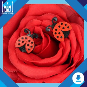 Cute 3D printed earrings shaped like ladybugs, shown on display card