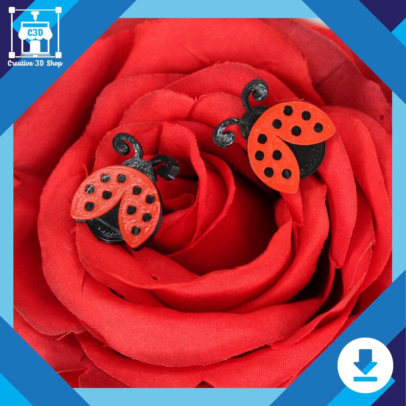 Cute 3D printed earrings shaped like ladybugs, shown on display card
