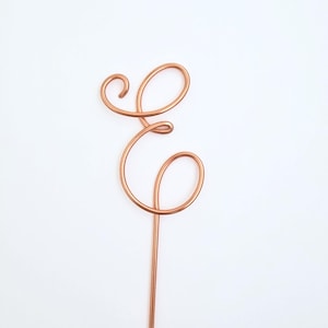 May include: A copper-colored wire topper shaped into the cursive letter E. The wire is formed into a continuous, flowing script with rounded loops at the top and bottom, attached to a straight vertical wire stem extending downward.