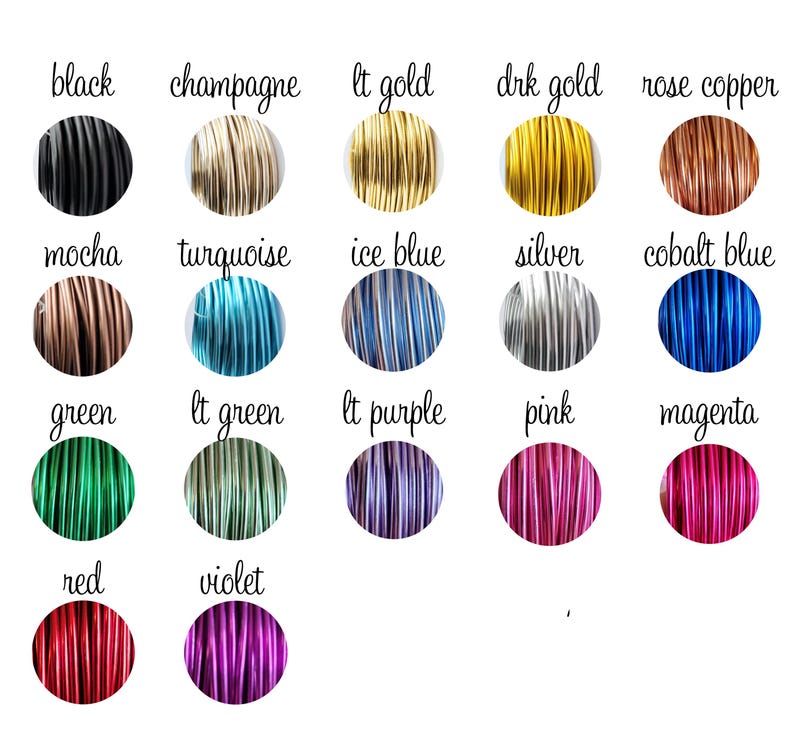 May include: A color chart featuring samples of wire in various colors, including black, champagne, light gold, dark gold, and rose copper. Other colors include mocha, turquoise, ice blue, silver, and cobalt blue. Additional colors are green, light green, light purple, pink, magenta, red, and violet.