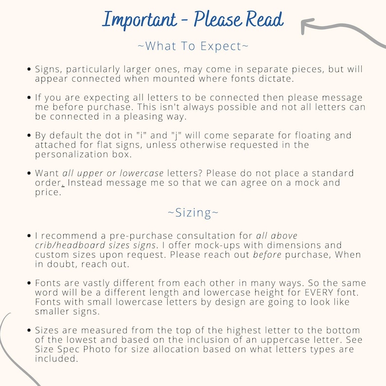 Op de afbeelding: Een cr&egrave;mekleurige pagina met de kop "Important - Please Read" in een scriptlettertype. De tekst legt details uit over borden, inclusief afmetingen, lettertypevariaties en aanpassingsopties. Informatie is georganiseerd in opsommingstekens.