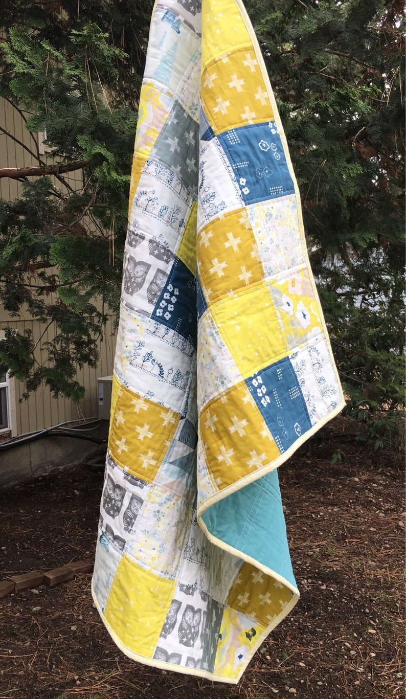 Handmade Patchwork Crib Quilt: Owl Art Gallery Fabric Baby Blanket