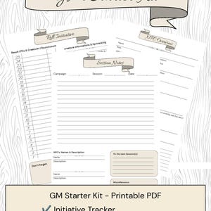 May include: A GM Starter-Kit printable PDF set featuring an initiative tracker, session notes, and NPC overview sheets. The documents include sections for roll initiative, creature information, campaign details, and to-do lists with a beige color scheme.