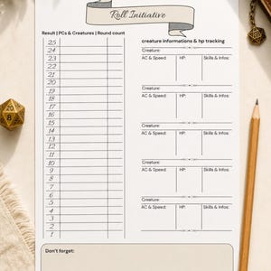Könnte beinhalten: Ein weißes Spiel-Tracker-Blatt aus Papier mit der Überschrift Roll Initiative, einer Spalte für Ergebnisse von 1 bis 25, Abschnitten für Kreatureninformationen, HP-Tracking, Rüstungsklasse, Geschwindigkeit und Fähigkeiten sowie einem Bleistift.
