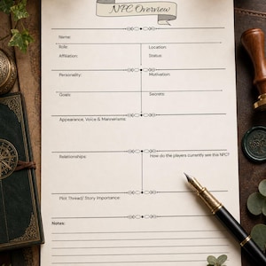 May include: A cream-colored paper sheet titled NPC Overview with black printed lines and text fields for character details including name, role, location, affiliation, status, personality, motivation, goals, secrets, appearance, voice, and notes.