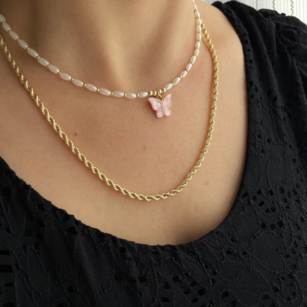 Perlenkette chocker weiß Gold mit rosa Schmetterling Anhänger