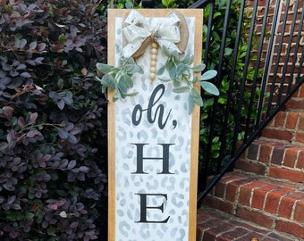 Painted Leopard Print Wood Door Leaner - SHIPS FREE - porch sign - welcome sign - front door wooden decor - oh hello sign -wood welcome sign